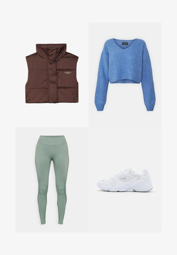 Hnědá péřová bezrukávová vesta s vysokým límcem, s předním zipem a přišitým logem na levé straně. Hladký, lesklý povrch.; Modrý zkrácený svetr s V-výstřihem, žebrovanou texturou a dlouhými rukávy. Vyrobeno z měkkého materiálu. Štítek: even&odd.; Úzké elastické legíny v tlumené zelené barvě s texturovaným vysokým pasem. Hladký povrch bez viditelných vzorů nebo akcentů.; Bílé sportovní boty s texturovaným síťovaným svrškem, polstrovaným límcem a robustní podrážkou. Zahrnují logo na boku a šněrování.