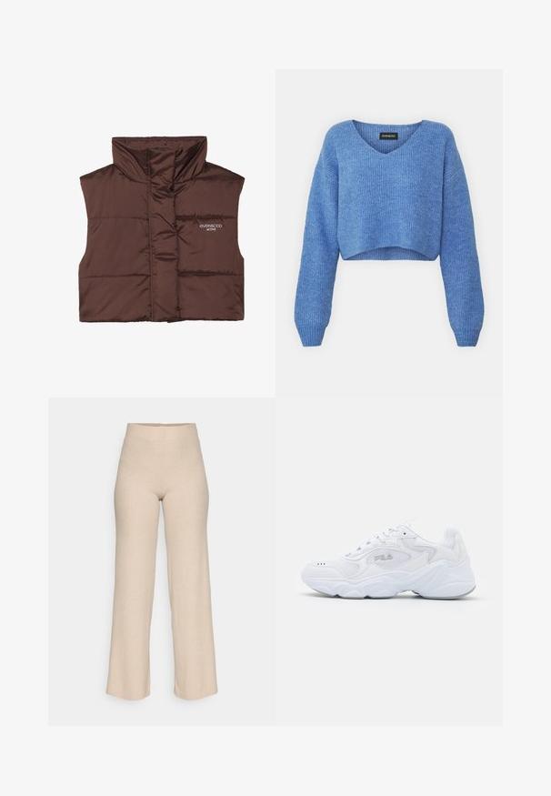 Veste sans manches en peluche marron avec col haut, dotée d'une fermeture éclair à l'avant et d'un logo cousu sur le côté gauche. Texture lisse et brillante.; Pull cropped bleu avec un décolleté en V, texture côtelée et manches longues. Fabriqué dans un matériau doux. Étiquette : even&odd.; Pantalons en maille côtelée beige avec une taille haute et des jambes larges, présentés sur un fond blanc.; Baskets blanches avec une tige en mesh texturé, un col rembourré et une semelle épaisse. Présente un logo sur le côté et un système de laçage.