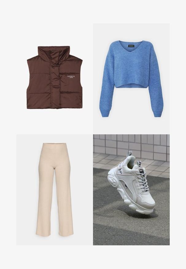 Veste sans manches en peluche marron avec col haut, dotée d'une fermeture éclair à l'avant et d'un logo cousu sur le côté gauche. Texture lisse et brillante.; Pull cropped bleu avec un décolleté en V, texture côtelée et manches longues. Fabriqué dans un matériau doux. Étiquette : even&odd.; Pantalons en maille côtelée beige avec une taille haute et des jambes larges, présentés sur un fond blanc.; Sneaker blanc en matériaux mesh et cuir, bout arrondi, semelle épaisse, lacets proéminents et marqué au talon et sur la languette.