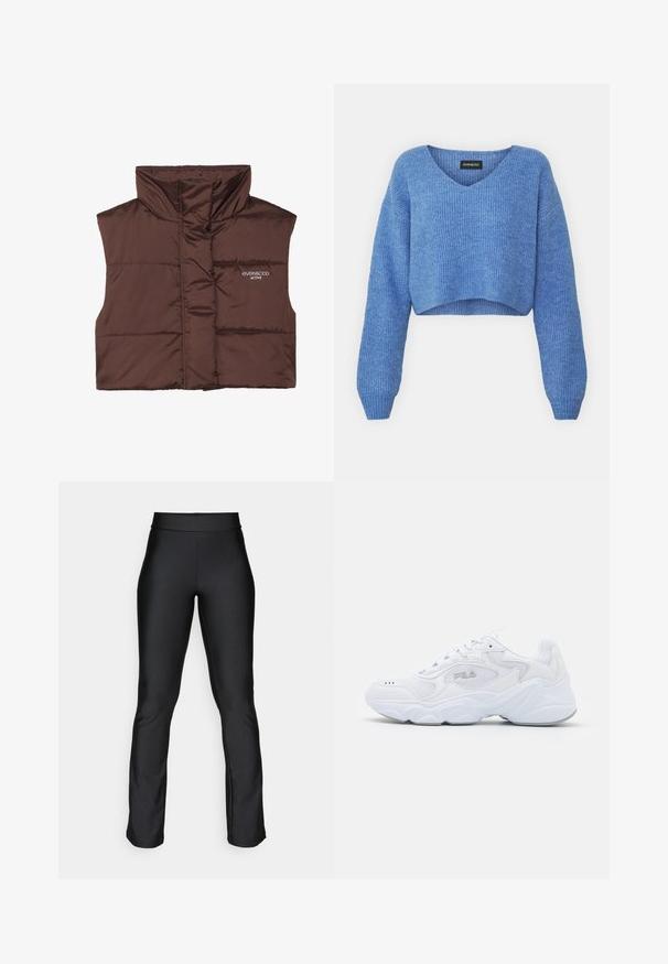 Bruine gewatteerde mouwloze vest met hoge kraag, voorzien van een rits aan de voorkant en een ingenaaide logo-detail aan de linkerkant. Gladde, glanzende textuur.; Blauwe cropped trui met V-hals, geribbelde structuur en lange mouwen. Gemaakt van zacht materiaal. Label: even&odd.; Zwarte stretchleggings met een fijne textuur en een aansluitend ontwerp. Beschikt over een brede tailleband en een lichte flare bij de enkels. Geen zichtbare patronen.; Witte sportschoen met een gemêleerde mesh bovenzijde, gewatteerde kraag en dikke zool. Voorzien van een logo op de zijkant en vetersluiting.