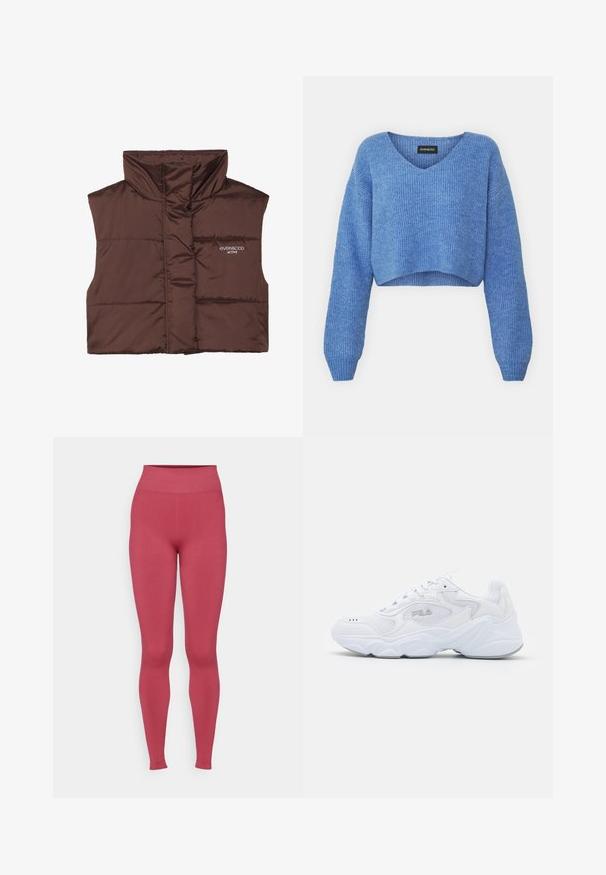 Rudas pūkuotas be rankovių liemenė su aukštu apykakle, turinti užtrauktuką priekyje ir siuvinėtą logotipo detalę kairėje pusėje. Lygus, blizgus paviršius.; Mėlynas trumpas megztinis su V-formos iškirpte, rimtu tekstūru ir ilgomis rankovėmis. Pagamintas iš minkštos medžiagos. Etiketė: even&odd.; Ribotu aukštu liemeniu legingi vientisos rožinės spalvos. Vientisa tekstūra, prigludęs dizainas, siaurėja ties kulkšnimi. Nėra matomų raštų ar detalių.; Balta sportinė avalynė su tekstūruota tinkleliu viršuje, paminkštintu auliuku ir storu padu. Yra logotipas šone ir raištelių užsegimas.