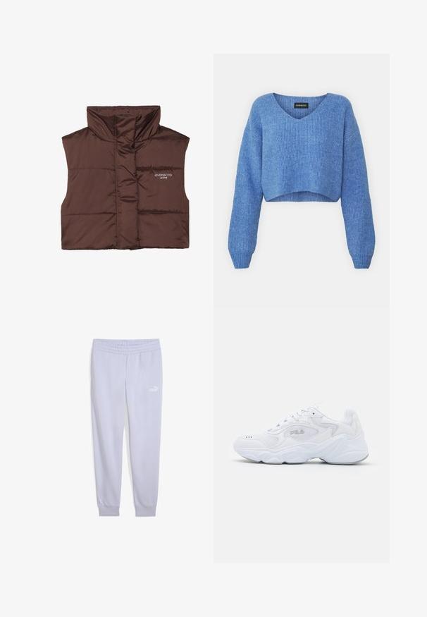 Brūns polsterēts bezpiedurkņu žakets ar augstu apkakli, ar rāvējslēdzēju priekšpusē un iešūtu logo detaļu kreisajā pusē. Gluda, spīdīga tekstūra.; Zils īss svārka krekls ar V veida kakla izgriezumu, ribota tekstūra un garām piedurknēm. Izgatavots no mīksta materiāla. Etiķete: even&odd.; Gaiši violetas sporta bikses, izgatavotas no mīksta auduma, ar elastīgu jostu un ribotām piedurknēm, ar balto Puma logo priekšpusē.; Baltā sportiskā apava ar struktūrētu tekstila virsu, mīkstu apkakli un masīvu zoli. Iezīmēta ar logotipu sānos un auklām.