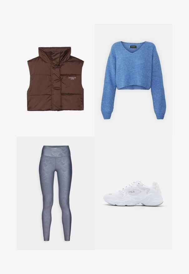 Rjava podložena brezrokavnica z visokim ovratnikom, ki ima zadrgo spredaj in vdelan logotip na levi strani. Gladka, sijoča tekstura.; Modra skrajšana jopica z V-izrezom, rebrasto teksturo in dolgimi rokavi. Narejena iz mehkega materiala. Oznaka: even&odd.; ONLY Play ONPJAM-2-SNAKE LIFE - Pajkice - grey; Bela športna obuvala z teksturirano mrežasto zgornjico, oblazinjeno obrobo in debelim podplatom. Ima logotip ob strani in vezalni sistem.