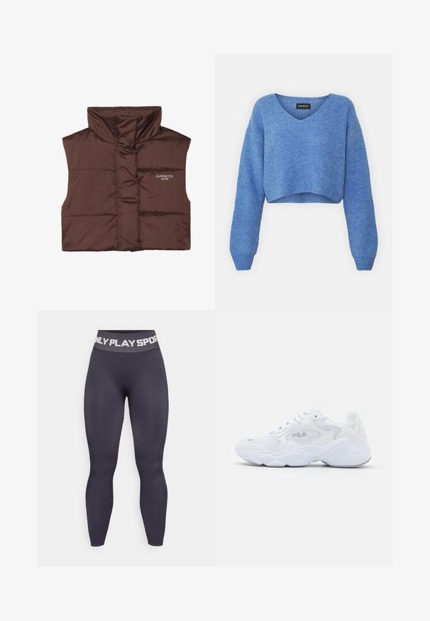 Brown padded sleeveless vest with high collar, featuring a zip front and sewn-in logo detail on the left side. Smooth, glossy texture.; Blue cropped sweater with a V-neck, ribbed texture, and long sleeves. Made of soft material. Label: even&odd.; High-waisted dark gray leggings with a stretchy fabric, featuring a wide waistband with "ONLY PLAY SPORT" in contrasting white lettering.; White athletic shoe with a textured mesh upper, padded collar, and chunky sole. Features a logo on the side and lace-up closure.