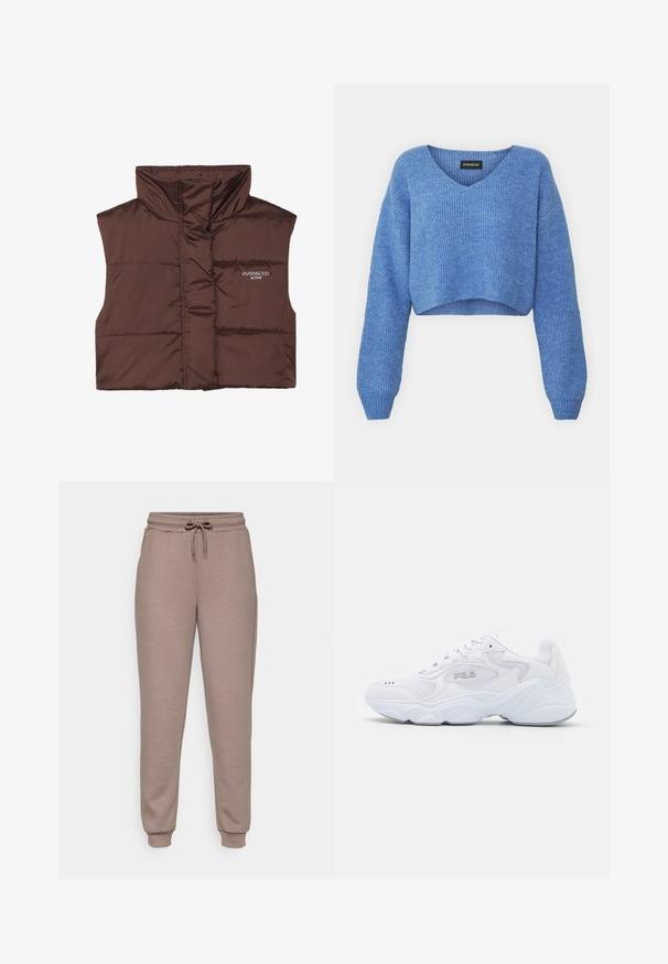 Colete acolchoado castanho sem mangas com colarinho alto, apresentando fecho de correr frontal e detalhe de logótipos cosido no lado esquerdo. Textura lisa e brilhante.; Sweater azul cropped com decote em V, textura canelada e mangas longas. Feito de material suave. Etiqueta: even&odd.; ONLY Play ONPLOUNGE LIFE - Calças de fato de treino - brown; Sapatilha atlética branca com um cabedal de malha texturizada, colarinho acolchoado e sola volumosa. Apresenta um logotipo na lateral e fecho de atacadores.