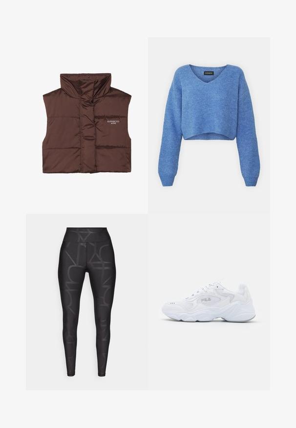 Braune gepolsterte ärmellose Weste mit hohem Kragen, ausgestattet mit einem Reißverschluss vorne und eingesticktem Logo-Detail auf der linken Seite. Glatte, glänzende Textur.; Blauer, verkürzter Pullover mit V-Ausschnitt, gerippter Struktur und langen Ärmeln. Aus weichem Material gefertigt. Etikett: even&odd.; Schwarze Leggings mit einem subtilen geometrischen Muster, hoher Taille und einer glatten, dehnbaren Textur für Komfort und Bewegung.; Weißer Sportschuh mit einem strukturierten Mesh-Obermaterial, gepolstertem Schaft und klobiger Sohle. Verfügt über ein Logo an der Seite und eine Schnürung.