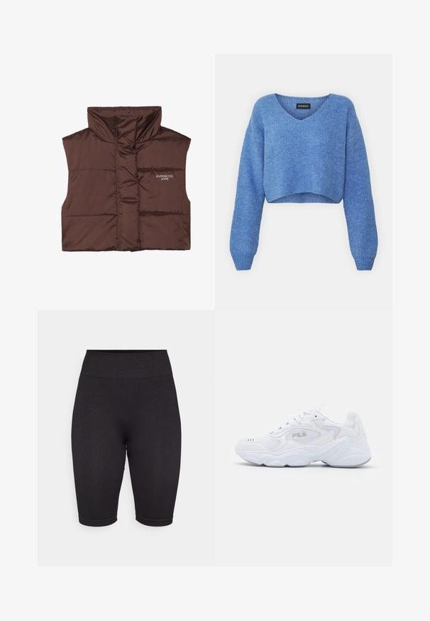 Colete acolchoado castanho sem mangas com colarinho alto, apresentando fecho de correr frontal e detalhe de logótipos cosido no lado esquerdo. Textura lisa e brilhante.; Sweater azul cropped com decote em V, textura canelada e mangas longas. Feito de material suave. Etiqueta: even&odd.; Calções de bicicleta preto canelados com uma ampla cintura elástica, atingindo a metade da coxa. Apresenta uma textura suave e um design justo.; Sapatilha atlética branca com um cabedal de malha texturizada, colarinho acolchoado e sola volumosa. Apresenta um logotipo na lateral e fecho de atacadores.