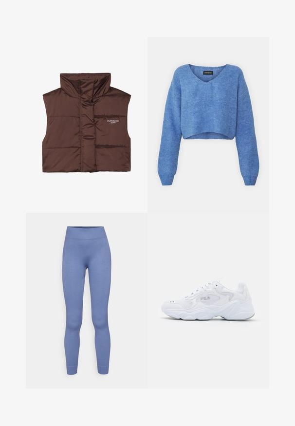 Hnědá péřová bezrukávová vesta s vysokým límcem, s předním zipem a přišitým logem na levé straně. Hladký, lesklý povrch.; Modrý zkrácený svetr s V-výstřihem, žebrovanou texturou a dlouhými rukávy. Vyrobeno z měkkého materiálu. Štítek: even&odd.; Světle modré legíny s žebrovanou texturou, vysokým pasem a přiléhavým střihem, zúžené u kotníků. Bez dalších vzorů nebo akcentů.; Bílé sportovní boty s texturovaným síťovaným svrškem, polstrovaným límcem a robustní podrážkou. Zahrnují logo na boku a šněrování.