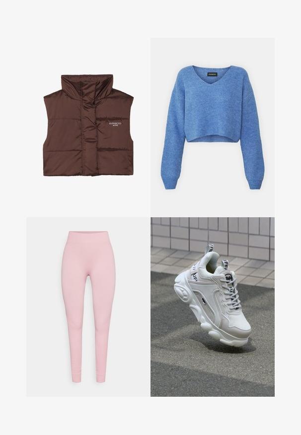 Barna párnázott ujjatlan mellény magas gallérral, elöl cipzárral, a bal oldalon varrt logó részlettel. Simább, fényes textúra.; Kék, v-kivágású, rovidített pulóver, bordázott textúrával és hosszú ujjakkal. Puha anyagból készült. Címke: even&odd.; Rózsaszín, bordázott leggings, magas derékkal, slim fit szabással és rugalmas anyaggal a kényelem érdekében. Nincsenek jellegzetes minták vagy fém díszítések.; Fehér sneaker, hálós és bőr anyagokból, kerek orral, vastag talppal, feltűnő fűzőkkel és logóval a sarokon és a nyelven.