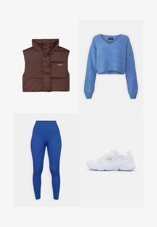 Hnědá péřová bezrukávová vesta s vysokým límcem, s předním zipem a přišitým logem na levé straně. Hladký, lesklý povrch.; Modrý zkrácený svetr s V-výstřihem, žebrovanou texturou a dlouhými rukávy. Vyrobeno z měkkého materiálu. Štítek: even&odd.; Hladké modré legíny s jemným žebrováním, vysokým pasem a přiléhavým střihem. Délka po kotníky, bez viditelných vzorů nebo kovových detailů.; Bílé sportovní boty s texturovaným síťovaným svrškem, polstrovaným límcem a robustní podrážkou. Zahrnují logo na boku a šněrování.