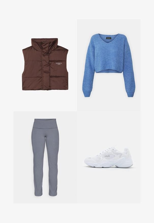 Rudas pūkuotas be rankovių liemenė su aukštu apykakle, turinti užtrauktuką priekyje ir siuvinėtą logotipo detalę kairėje pusėje. Lygus, blizgus paviršius.; Mėlynas trumpas megztinis su V-formos iškirpte, rimtu tekstūru ir ilgomis rankovėmis. Pagamintas iš minkštos medžiagos. Etiketė: even&odd.; Pilki sportiniai Leggingai su plačiu, lygiu juosmeniu ir priglundančiu, siaurėjančiu kojų dizainu. Pagaminti iš minkštos, tamprios medžiagos.; Balta sportinė avalynė su tekstūruota tinkleliu viršuje, paminkštintu auliuku ir storu padu. Yra logotipas šone ir raištelių užsegimas.