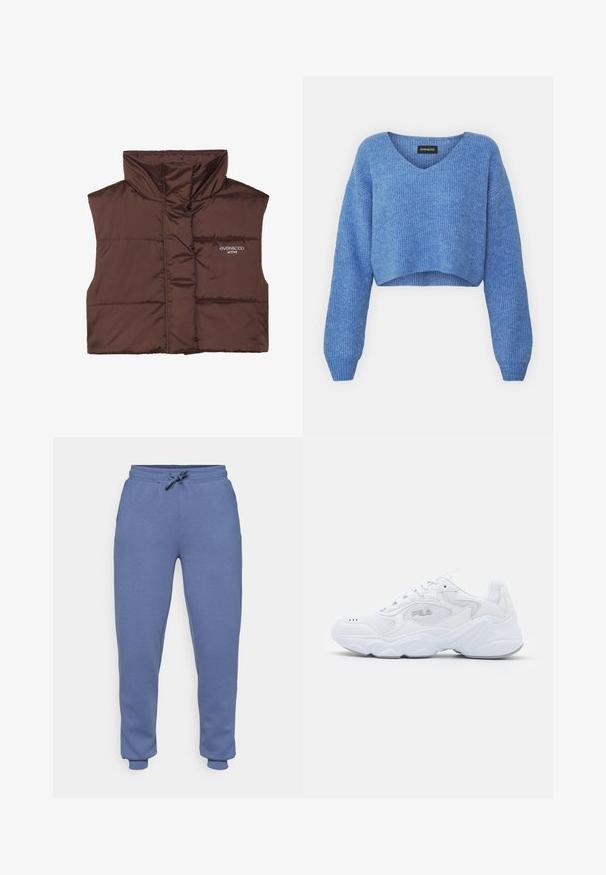 Colete acolchoado castanho sem mangas com colarinho alto, apresentando fecho de correr frontal e detalhe de logótipos cosido no lado esquerdo. Textura lisa e brilhante.; Sweater azul cropped com decote em V, textura canelada e mangas longas. Feito de material suave. Etiqueta: even&odd.; ONLY Play ONPLOUNGE LIFE - Calças de fato de treino - vintage indigo; Sapatilha atlética branca com um cabedal de malha texturizada, colarinho acolchoado e sola volumosa. Apresenta um logotipo na lateral e fecho de atacadores.