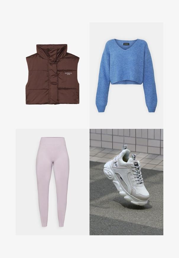 Pruun polsterdatud ilma varrukateta vest kõrge kaelusega, millel on külje peal luku ees ja õmmeldud logo detail. Sile, läikiv tekstuur.; Sinine lühike sviiter V-kaelusega, soonikstruktuuriga ja pikkade varrukatega. Valmistatud pehmest materjalist. Silt: even&odd.; Kergelt lavendlilised retuusid, valmistatud venivast kangast. Omavad kõrget ribitud vöökoht ja sile tekstuur koos peente diagonaalsete joontega jalgadel.; Valge tenniseking, mis on valmistatud võrgu- ja nahamaterjalidest, ümardatud varbaga, paksu tallaga, silmapaistvate paeltega ning brändingu ja sildiga kandadel ja keeltel.