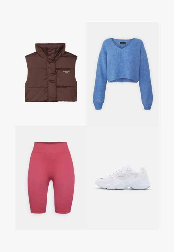 Rudas pūkuotas be rankovių liemenė su aukštu apykakle, turinti užtrauktuką priekyje ir siuvinėtą logotipo detalę kairėje pusėje. Lygus, blizgus paviršius.; Mėlynas trumpas megztinis su V-formos iškirpte, rimtu tekstūru ir ilgomis rankovėmis. Pagamintas iš minkštos medžiagos. Etiketė: even&odd.; Ribotos, iki šlaunies ilgio dviratininkų šortai vienos rožinės spalvos su aukštu liemeniu. Sklandi tekstūra, be matomų aksesuarų ar dekoracijų.; Balta sportinė avalynė su tekstūruota tinkleliu viršuje, paminkštintu auliuku ir storu padu. Yra logotipas šone ir raištelių užsegimas.