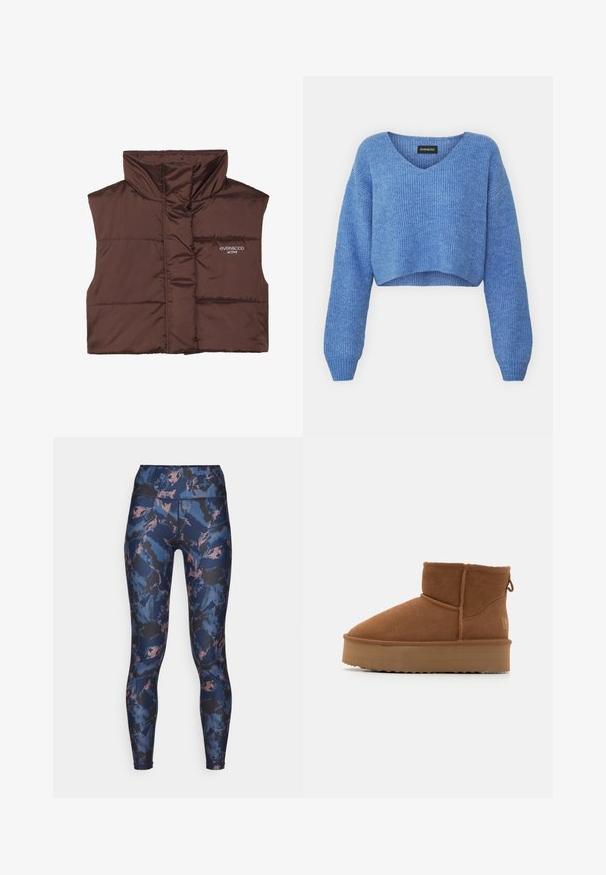 Barna párnázott ujjatlan mellény magas gallérral, elöl cipzárral, a bal oldalon varrt logó részlettel. Simább, fényes textúra.; Kék, v-kivágású, rovidített pulóver, bordázott textúrával és hosszú ujjakkal. Puha anyagból készült. Címke: even&odd.; ONLY Play ONPJAM-2-SKY - Leggingek - maritime blue/vintage indigo; Barna nubuk boka csizma lekerekített orral, textúrált felülettel és vastag talpbetéttel. Hátsó húzófüllel és cérnázott részletekkel rendelkezik.