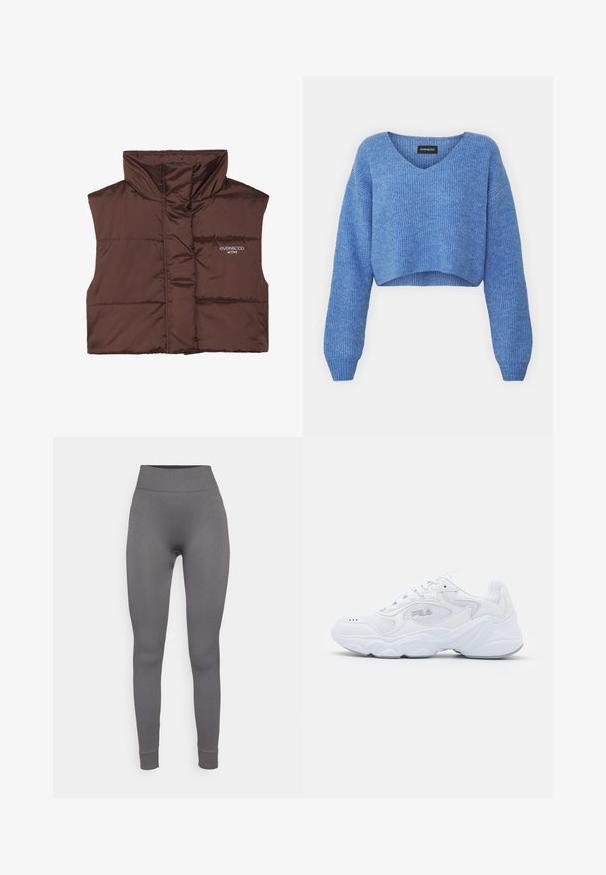 Brūns polsterēts bezpiedurkņu žakets ar augstu apkakli, ar rāvējslēdzēju priekšpusē un iešūtu logo detaļu kreisajā pusē. Gluda, spīdīga tekstūra.; Zils īss svārka krekls ar V veida kakla izgriezumu, ribota tekstūra un garām piedurknēm. Izgatavots no mīksta materiāla. Etiķete: even&odd.; Pelēkas ribotas legingi ar augstu jostasvietu, piegulošu formu un apkārt kājām savilktām potītēm; izgatavoti no elastīga materiāla komfortam un vieglai kustībai.; Baltā sportiskā apava ar struktūrētu tekstila virsu, mīkstu apkakli un masīvu zoli. Iezīmēta ar logotipu sānos un auklām.