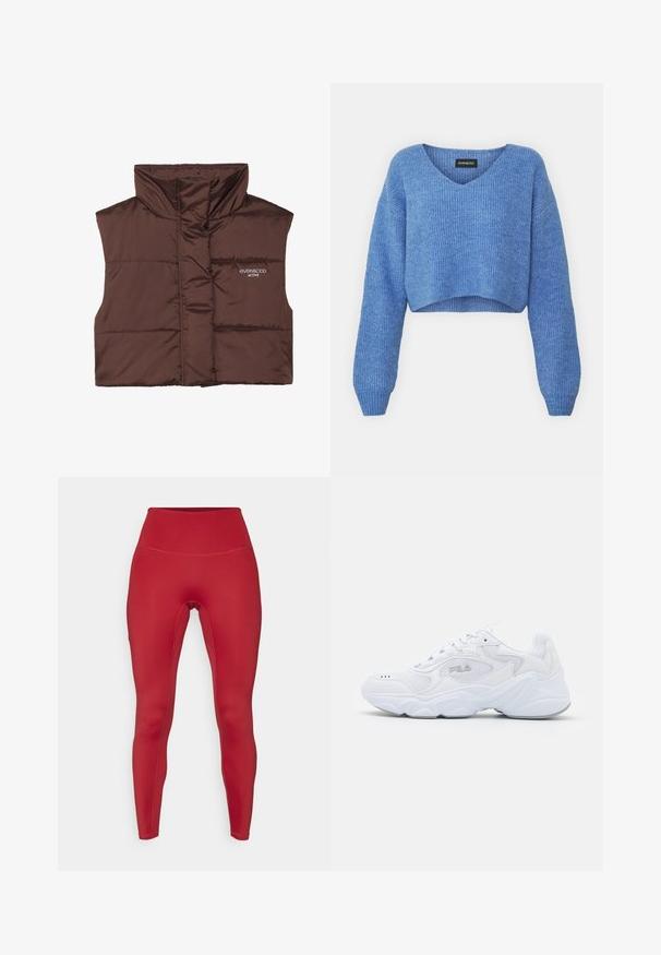 Colete acolchoado castanho sem mangas com colarinho alto, apresentando fecho de correr frontal e detalhe de logótipos cosido no lado esquerdo. Textura lisa e brilhante.; Sweater azul cropped com decote em V, textura canelada e mangas longas. Feito de material suave. Etiqueta: even&odd.; Leggings atléticos vermelhos com cintura alta, textura suave e design ajustado. Apresenta costuras planas para conforto e uma aparência aerodinâmica.; Sapatilha atlética branca com um cabedal de malha texturizada, colarinho acolchoado e sola volumosa. Apresenta um logotipo na lateral e fecho de atacadores.