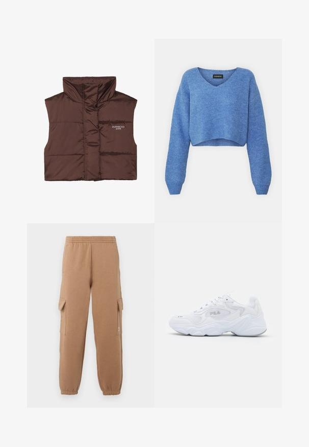 Brun vadderad ärmlös väst med hög krage, med dragkedja framtill och inbrottat logotypdetalj på vänster sida. Slät, glänsande yta.; Blå croppad tröja med V-ringning, ribbad textur och långa ärmar. Gjord av mjukt material. Märke: even&odd.; Tan cargo byxor i mjukt tyg med elastisk midja, smalnade anklar och sidofickor, prydda med en liten logotypdetalj.; Vita idrottssko med ett texturerat mesh-övre, vadderad krage och kraftig sula. Har en logotyp på sidan och snörning.