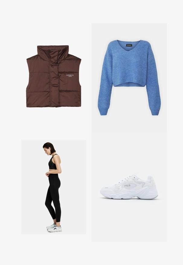 Smešani smešano smešani prsluk smešano bez rukava sa visokim ovratnikom, sa prednjim zatvaračem i ušivenim logom s lijeve strane. Glatka, sjajna tekstura.; Plavi skraćeni pulover s V-izrezom, rebrastom teksturom i dugim rukavima. Napravljen od mekog materijala. Oznaka: even&odd.; Crni sportski grudnjak i tajice s visokim strukom. Imaju glatku teksturu i uski kroj. Upareni su s bijelim i sivim tenisicama.; Bijela atletska cipela s teksturiranim mrežastim gornjim dijelom, podstavljenim ovratnikom i debelim potplatom. Ima logotip sa strane i vezanje na vezice.