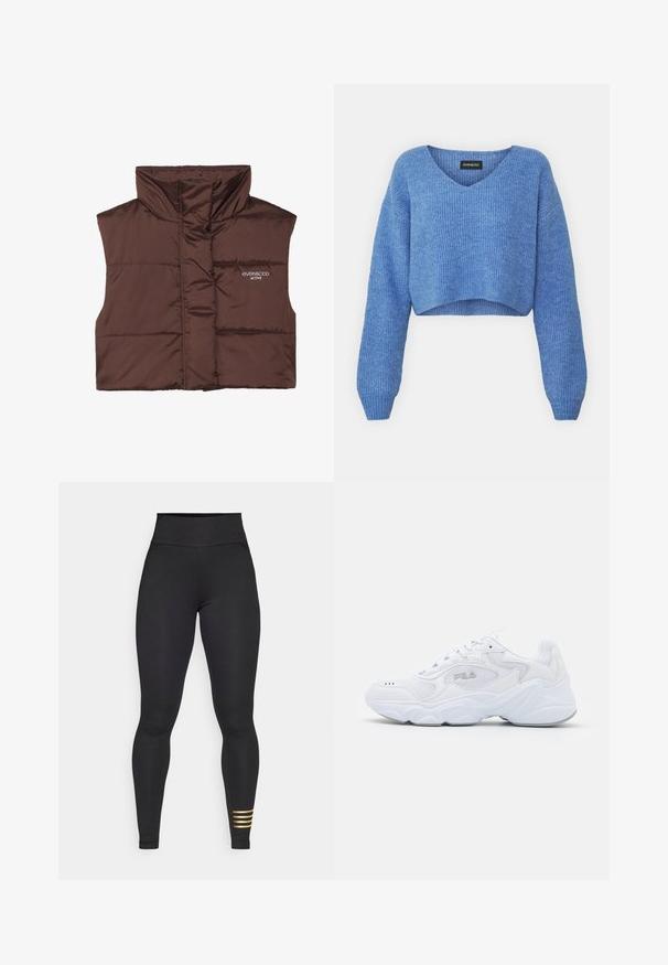 Rjava podložena brezrokavnica z visokim ovratnikom, ki ima zadrgo spredaj in vdelan logotip na levi strani. Gladka, sijoča tekstura.; Modra skrajšana jopica z V-izrezom, rebrasto teksturo in dolgimi rokavi. Narejena iz mehkega materiala. Oznaka: even&odd.; Črne visok pas leggings iz raztegljivega materiala. Imajo gladko teksturo in tri vodoravne zlate črte na spodnjem levem nogu.; Bela športna obuvala z teksturirano mrežasto zgornjico, oblazinjeno obrobo in debelim podplatom. Ima logotip ob strani in vezalni sistem.