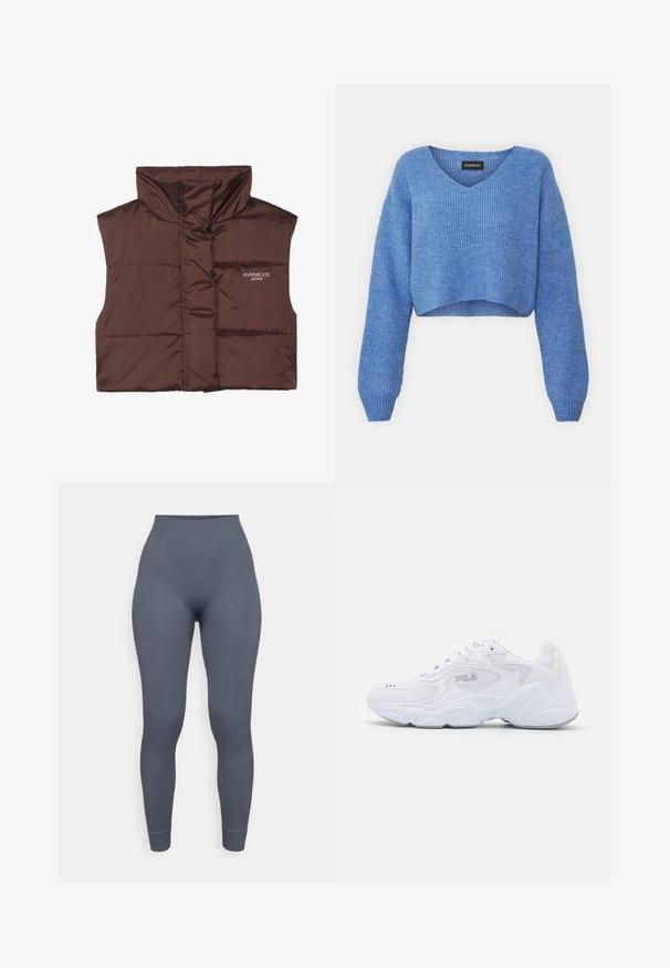 Brązowa, pikowana kamizelka bez rękawów z wysokim kołnierzem, z zamkiem z przodu i naszytą logotypem po lewej stronie. Gładka, błyszcząca faktura.; Niebieski, krótki sweter z dekoltem w szpic, prążkowanym wzorem i długimi rękawami. Wykonany z miękkiego materiału. Metka: even&odd.; Legginsy z wysokim stanem w ciemnoszarym prążkowanym materiale. Charakteryzują się dopasowanym krojem i zwężanymi mankietami na kostkach, co zapewnia smukły sylwetkę.; Białe buty sportowe z teksturowaną siateczkową cholewką, wyściełanym kołnierzem i masywną podeszwą. Posiadają logo po boku oraz sznurowanie.