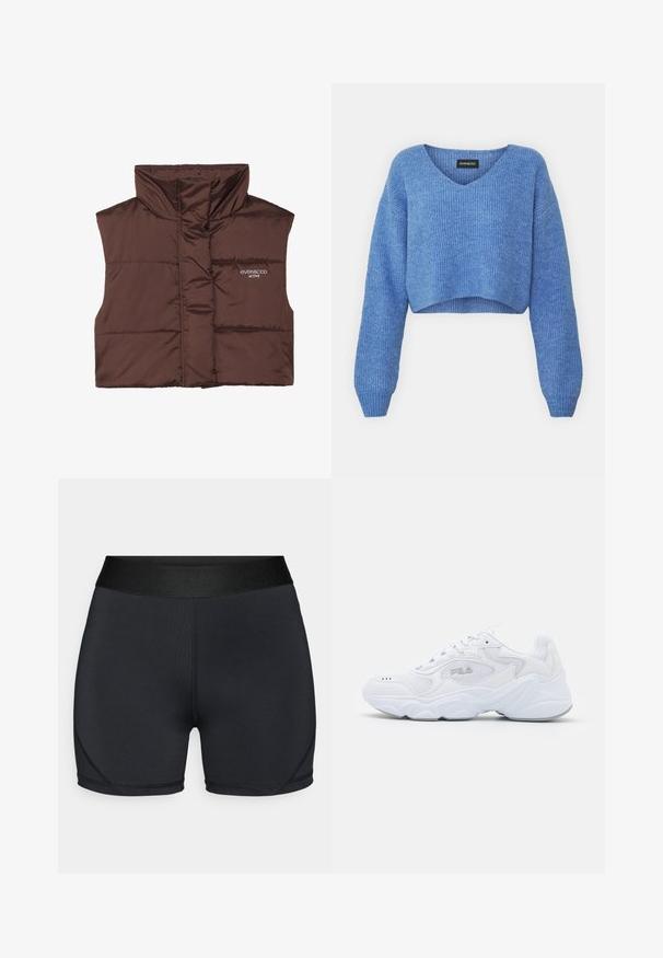 Hnedý prešívaný bezrukávový vest s vysokým golierom, s jedným zipsom vpredu a zošitým logom na ľavej strane. Hladká, lesklá textúra.; Modrý skrátený sveter s výstrihom do V, rebrovanou textúrou a dlhými rukávmi. Vyrobený z mäkkého materiálu. Značka: even&odd.; Čierne športové šortky s hladkým povrchom, širokým elastickým pásom a zakrivenými švami. Vyrobené z elastického, vlhkosť odvádzajúceho materiálu.; Biele športové topánky s textúrovaným sieťovaným zvrškom, polstrovaným golierom a výraznou podrážkou. Obsahuje logo na boku a šnurovanie.