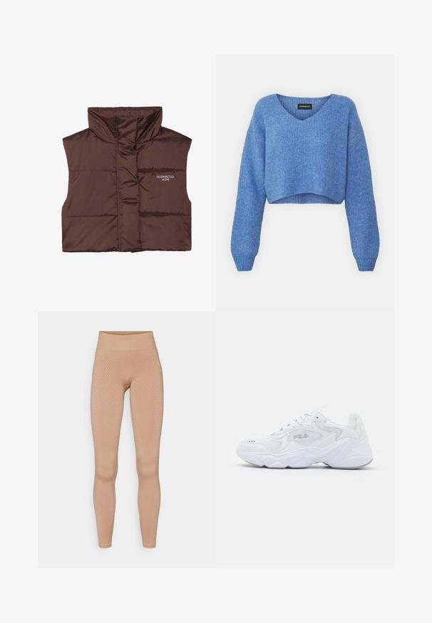 Bruine gewatteerde mouwloze vest met hoge kraag, voorzien van een rits aan de voorkant en een ingenaaide logo-detail aan de linkerkant. Gladde, glanzende textuur.; Blauwe cropped trui met V-hals, geribbelde structuur en lange mouwen. Gemaakt van zacht materiaal. Label: even&odd.; Huidskleurige legging met een gestructureerd ruitpatroon en een hoge elastische tailleband voor extra ondersteuning en comfort.; Witte sportschoen met een gemêleerde mesh bovenzijde, gewatteerde kraag en dikke zool. Voorzien van een logo op de zijkant en vetersluiting.