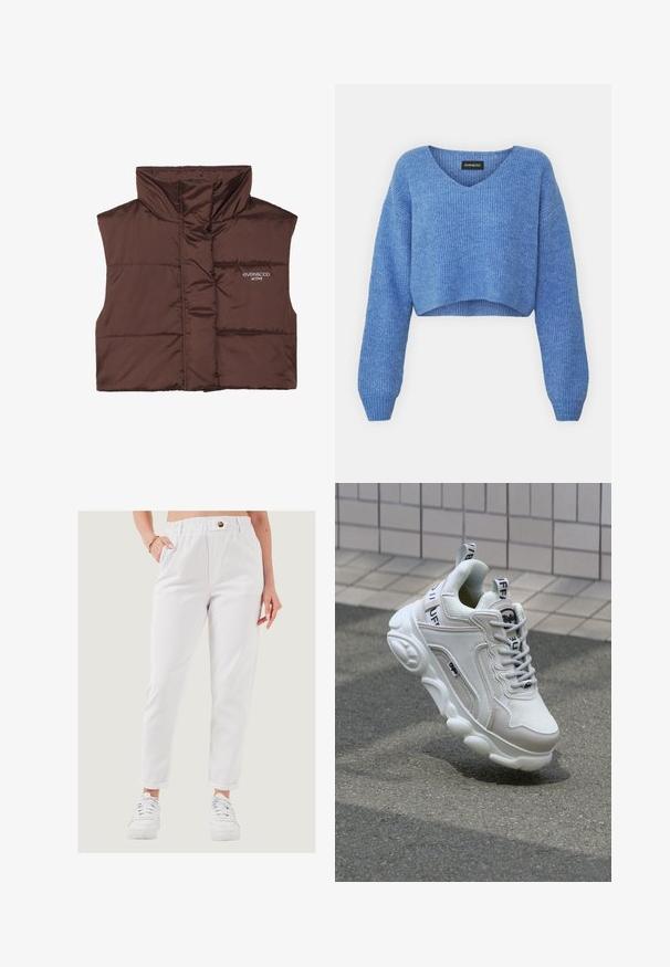 Brown padded sleeveless vest with high collar, featuring a zip front and sewn-in logo detail on the left side. Smooth, glossy texture.; Blue cropped sweater with a V-neck, ribbed texture, and long sleeves. Made of soft material. Label: even&odd.; White, elastic-waist pants with a button detail, side pockets, tapered legs, and rolled cuffs, worn with white sneakers on a light background.; White sneaker with mesh and leather materials, rounded toe, thick sole, prominent laces, and branding on the heel and tongue.