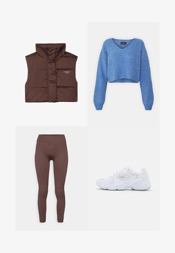Rudas pūkuotas be rankovių liemenė su aukštu apykakle, turinti užtrauktuką priekyje ir siuvinėtą logotipo detalę kairėje pusėje. Lygus, blizgus paviršius.; Mėlynas trumpas megztinis su V-formos iškirpte, rimtu tekstūru ir ilgomis rankovėmis. Pagamintas iš minkštos medžiagos. Etiketė: even&odd.; Rudos raištinės legging'os su prigludusiu dizainu, aukštu juosmeniu ir aptemptomis rankovėmis ties kulkšnimis. Pagamintos iš minkštos, tamprios medžiagos.; Balta sportinė avalynė su tekstūruota tinkleliu viršuje, paminkštintu auliuku ir storu padu. Yra logotipas šone ir raištelių užsegimas.