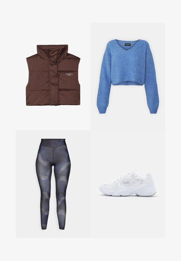 Brun polstret ærmeløs vest med høj krave, der har lynlås fortil og indsyet logo-detail på venstre side. Glat, blank overflade.; Blå cropped sweater med V-hals, ribbet tekstur og lange ermer. Lavet af blødt materiale. Mærke: even&odd.; Sorte leggings med et bølget blåt og gråt mønster, høj talje, glat tekstur og en tætsiddende pasform designet til aktivt tøj.; Hvide atletiske sko med en struktureret mesh-overdel, polstret krave og kraftig sål. Har et logo på siden og snørebåndslukning.