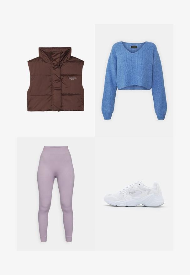 Brązowa, pikowana kamizelka bez rękawów z wysokim kołnierzem, z zamkiem z przodu i naszytą logotypem po lewej stronie. Gładka, błyszcząca faktura.; Niebieski, krótki sweter z dekoltem w szpic, prążkowanym wzorem i długimi rękawami. Wykonany z miękkiego materiału. Metka: even&odd.; Fioletowe, prążkowane legginsy z wysokim stanem, dopasowanym krojem i elastycznym materiałem. Gładka faktura bez widocznych szwów czy wzorów.; Białe buty sportowe z teksturowaną siateczkową cholewką, wyściełanym kołnierzem i masywną podeszwą. Posiadają logo po boku oraz sznurowanie.
