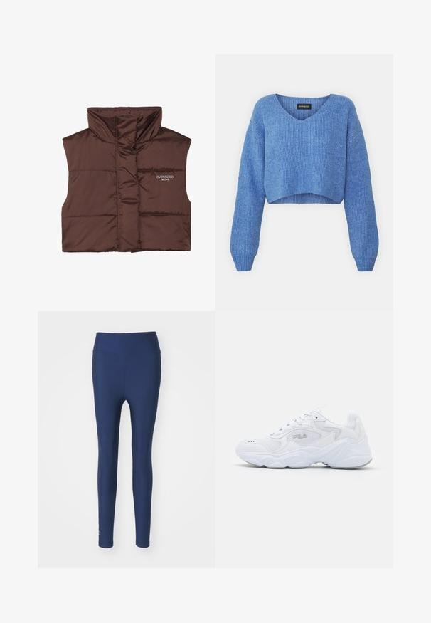 Smešani smešano smešani prsluk smešano bez rukava sa visokim ovratnikom, sa prednjim zatvaračem i ušivenim logom s lijeve strane. Glatka, sjajna tekstura.; Plavi skraćeni pulover s V-izrezom, rebrastom teksturom i dugim rukavima. Napravljen od mekog materijala. Oznaka: even&odd.; Donji dijelovi u tamnoplavoj boji izrađeni od rastezljivog materijala s visokim strukom i glatkom teksturom. Imaju mali logo detalj blizu gležnja.; Bijela atletska cipela s teksturiranim mrežastim gornjim dijelom, podstavljenim ovratnikom i debelim potplatom. Ima logotip sa strane i vezanje na vezice.