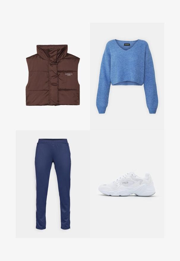 Brun vadderad ärmlös väst med hög krage, med dragkedja framtill och inbrottat logotypdetalj på vänster sida. Slät, glänsande yta.; Blå croppad tröja med V-ringning, ribbad textur och långa ärmar. Gjord av mjukt material. Märke: even&odd.; Marina träningsbyxor i mjukt tyg, med en avsmalnande design, elastisk midja och vita sidostreck. Inkluderar två fickor.; Vita idrottssko med ett texturerat mesh-övre, vadderad krage och kraftig sula. Har en logotyp på sidan och snörning.