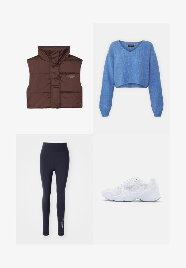 Hnědá péřová bezrukávová vesta s vysokým límcem, s předním zipem a přišitým logem na levé straně. Hladký, lesklý povrch.; Modrý zkrácený svetr s V-výstřihem, žebrovanou texturou a dlouhými rukávy. Vyrobeno z měkkého materiálu. Štítek: even&odd.; Námořnické modré sportovní legíny s vysokým pasem a hladkou texturou, na spodní části nohy s bílým nápisem "ONLY PLAY ATHLEISURE".; Bílé sportovní boty s texturovaným síťovaným svrškem, polstrovaným límcem a robustní podrážkou. Zahrnují logo na boku a šněrování.