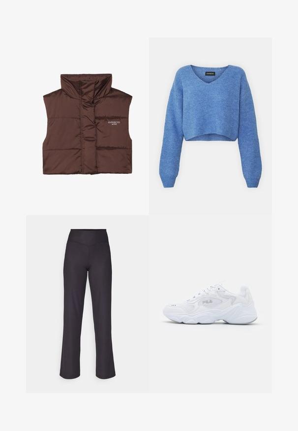 Rjava podložena brezrokavnica z visokim ovratnikom, ki ima zadrgo spredaj in vdelan logotip na levi strani. Gladka, sijoča tekstura.; Modra skrajšana jopica z V-izrezom, rebrasto teksturo in dolgimi rokavi. Narejena iz mehkega materiala. Oznaka: even&odd.; Črne rebraste hlače širokega kroja z visokim elastičnim pasom, ki imajo gladko teksturo in čiste šive za prilega videz.; Bela športna obuvala z teksturirano mrežasto zgornjico, oblazinjeno obrobo in debelim podplatom. Ima logotip ob strani in vezalni sistem.
