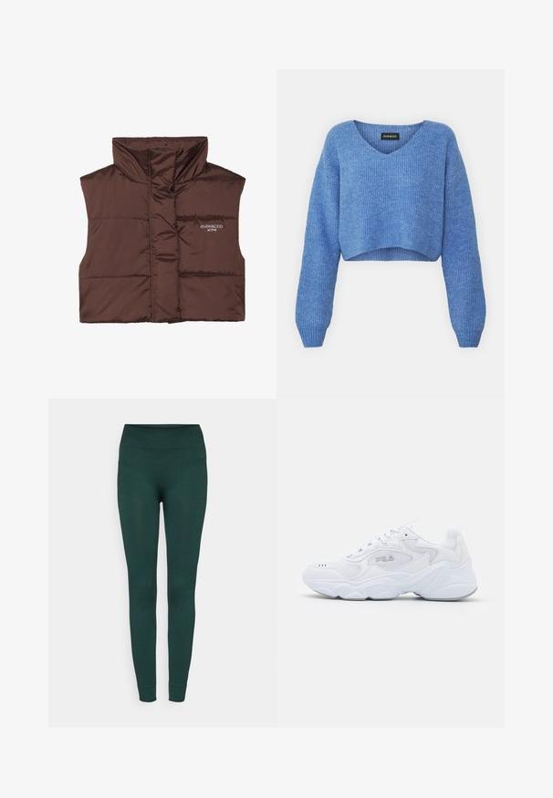 Barna párnázott ujjatlan mellény magas gallérral, elöl cipzárral, a bal oldalon varrt logó részlettel. Simább, fényes textúra.; Kék, v-kivágású, rovidített pulóver, bordázott textúrával és hosszú ujjakkal. Puha anyagból készült. Címke: even&odd.; Sötétzöld bordázott leggingsek magas derékkal, tapered lábakkal és puha textúrával, a kényelem és a mozgás rugalmasságának érdekében tervezve.; Fehér sportcipő strukturált hálós felső résszel, párnázott bokarésszel és masszív talppal. Oldalán logóval és fűzős záródással rendelkezik.