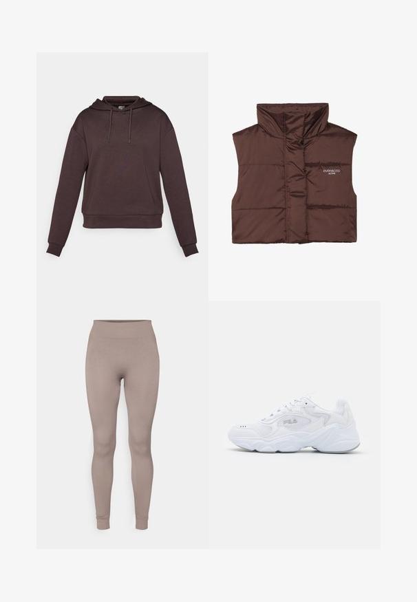 Gilet imbottito marrone senza maniche con colletto alto, dotato di chiusura con zip e dettaglio del logo cucito sul lato sinistro. Texture liscia e lucida.; Felpa con cappuccio marrone, con maniche lunghe, realizzata in tessuto morbido. Presenta un cappuccio regolabile con cordino e un orlo a coste sia nella parte inferiore che nei polsini.; Leggings a costine in un morbido colore taupe, con vita alta, vestibilità slim e caviglie affusolate. Realizzati in un tessuto strutturato e elasticizzato.; Scarpa sportiva bianca con tomaia in mesh testurizzato, colletto imbottito e suola spessa. Presenta un logo sul lato e chiusura con lacci.