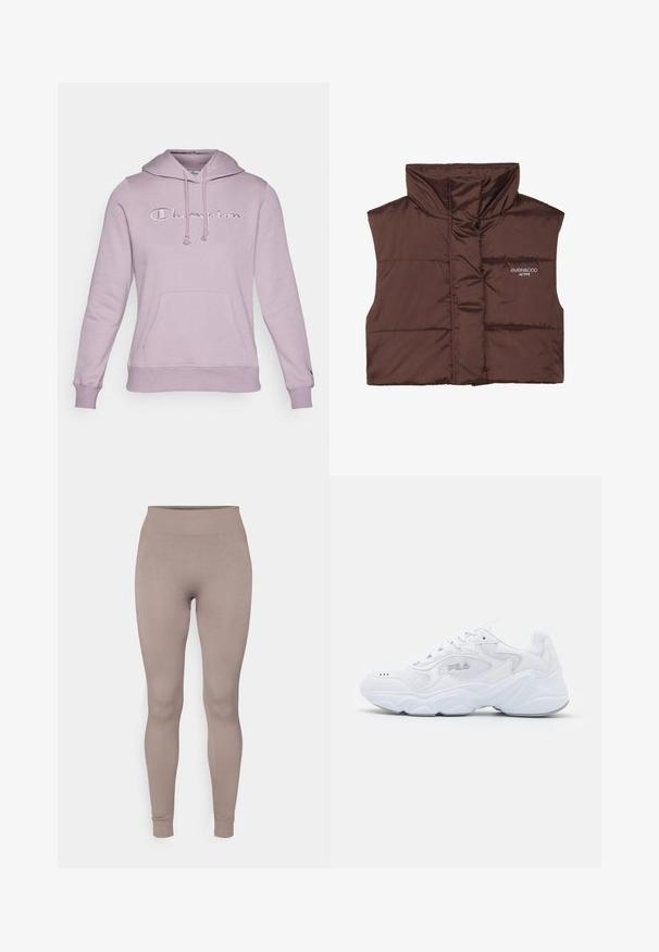 Rjava podložena brezrokavnica z visokim ovratnikom, ki ima zadrgo spredaj in vdelan logotip na levi strani. Gladka, sijoča tekstura.; Lavanda kapuca s vezicom, sprednji džep i izvezeni "Champion" logo na prsima. Mekani materijal i rebrasti rukavi.; Rebraste nogavice v mehki taupe barvi, z visokim pasom, ožjim krojem in zoženimi gležnji. Narejene so iz teksturirane, raztegljive tkanine.; Bela športna obuvala z teksturirano mrežasto zgornjico, oblazinjeno obrobo in debelim podplatom. Ima logotip ob strani in vezalni sistem.