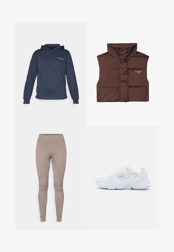Barna párnázott ujjatlan mellény magas gallérral, elöl cipzárral, a bal oldalon varrt logó részlettel. Simább, fényes textúra.; Sötétkék kapucnis pulóver, puha szövetből készült, elülső kenguruzsebbel, állítható húzózsinórral a kapucnin és diszkrét fehér logóval a mellen.; Ráncos leggings puha taupe színben, magas derékkal, karcsú szabással és beszűkült bokákkal. Texturált, rugalmas anyagból készült.; Fehér sportcipő strukturált hálós felső résszel, párnázott bokarésszel és masszív talppal. Oldalán logóval és fűzős záródással rendelkezik.