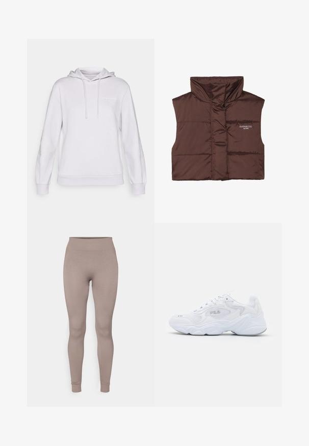 Gilet imbottito marrone senza maniche con colletto alto, dotato di chiusura con zip e dettaglio del logo cucito sul lato sinistro. Texture liscia e lucida.; Felpa grigia chiara realizzata in un tessuto morbido. Presenta una tasca a marsupio anteriore, cappuccio con cordino, polsini a costine e un piccolo logo sul petto.; Leggings a costine in un morbido colore taupe, con vita alta, vestibilità slim e caviglie affusolate. Realizzati in un tessuto strutturato e elasticizzato.; Scarpa sportiva bianca con tomaia in mesh testurizzato, colletto imbottito e suola spessa. Presenta un logo sul lato e chiusura con lacci.