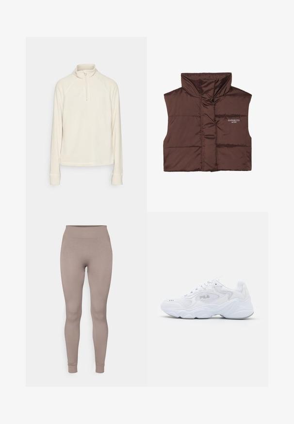 Pruun polsterdatud ilma varrukateta vest kõrge kaelusega, millel on külje peal luku ees ja õmmeldud logo detail. Sile, läikiv tekstuur.; ONLY Play ONPINO - Fliisdžemper - pumice stone; Ribidega retuusid pehmes taupe värvitoonis, millel on kõrge vöökoht, kitsas lõige ja kitsenevad pahkluud. Valmistatud tekstuurilisest, venitatavast kangast.; Valge spordijalats tekstuuriga pealmise osaga, pehmendatud kraega ja paksu tallaga. Küljele on pandud logo ja see on kinnitatud paeltega.