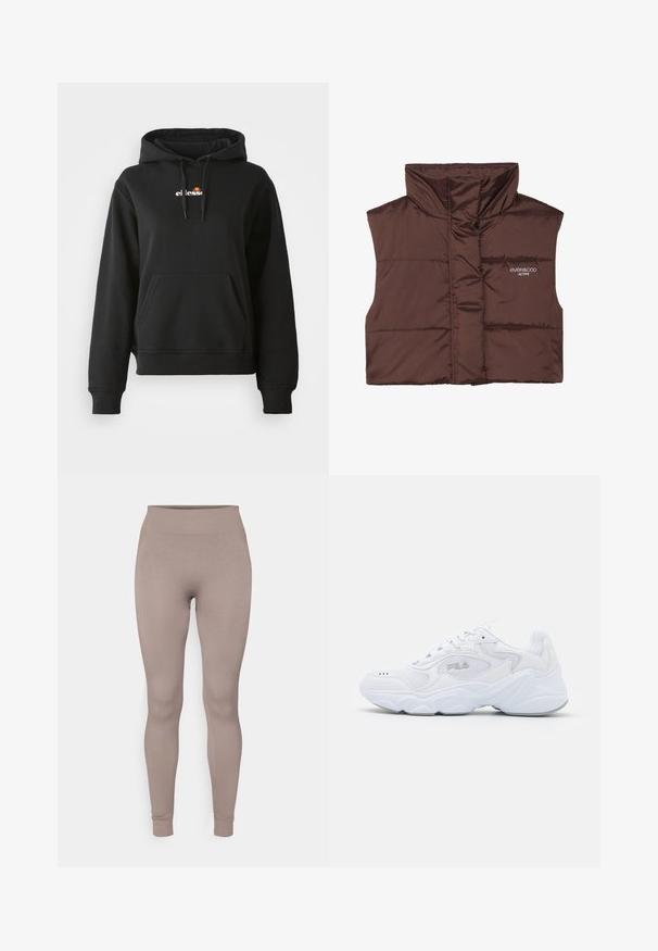 Colete acolchoado castanho sem mangas com colarinho alto, apresentando fecho de correr frontal e detalhe de logótipos cosido no lado esquerdo. Textura lisa e brilhante.; Sweatshirt preta com bolso frontal, capuz com cordão e um pequeno logótipo colorido ao nível do peito. Feita de um tecido liso e suave com punhos canelados.; Leggings canelados numa suave cor taupe, com um cós alto, corte slim e punhos ajustados. Feitos de um tecido texturado e elástico.; Sapatilha atlética branca com um cabedal de malha texturizada, colarinho acolchoado e sola volumosa. Apresenta um logotipo na lateral e fecho de atacadores.