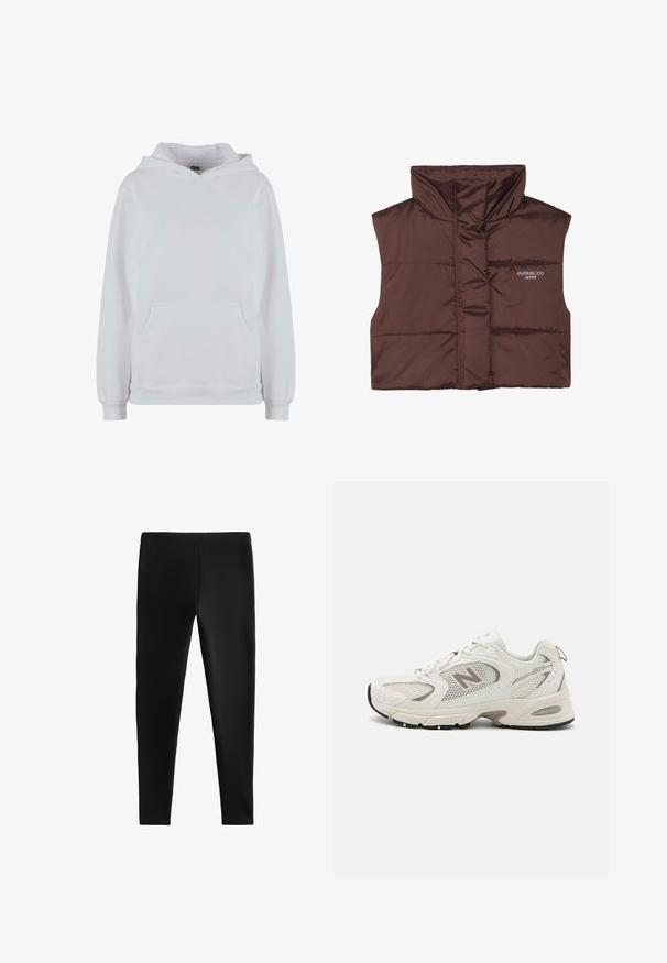 Braune gepolsterte ärmellose Weste mit hohem Kragen, ausgestattet mit einem Reißverschluss vorne und eingesticktem Logo-Detail auf der linken Seite. Glatte, glänzende Textur.; Weiße Kapuzenpullover aus Baumwollgemisch. Verfügt über lange Ärmel, eine Fronttasche im Känguru-Stil und gerippte Bündchen und Saum.; Schwarze Leggings aus dehnbarem Material, mit einer körperbetonten Passform ohne sichtbare Nähte oder Taschen, geeignet für verschiedene Aktivitäten.; Weißes Mesh-Laufschuh mit grauen Akzenten, runder Spitze, Schnürdesign, gepolsteter Sohle und einem auffälligen "N"-Logo an der Seite.