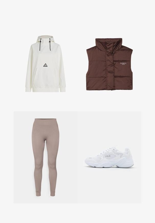 Braune gepolsterte ärmellose Weste mit hohem Kragen, ausgestattet mit einem Reißverschluss vorne und eingesticktem Logo-Detail auf der linken Seite. Glatte, glänzende Textur.; Weißer Windbreaker mit Kapuze, Kordelzug, Vordertasche, elastischen Bündchen und Saum. Mit einem dreieckigen Logopatch auf der Brust.; Gestreifte Leggings in einem sanften Taupe-Farbton, mit hohem Bund, schmaler Passform und tapered Beinen. Hergestellt aus einem strukturierten, dehnbarem Stoff.; Weißer Sportschuh mit einem strukturierten Mesh-Obermaterial, gepolstertem Schaft und klobiger Sohle. Verfügt über ein Logo an der Seite und eine Schnürung.