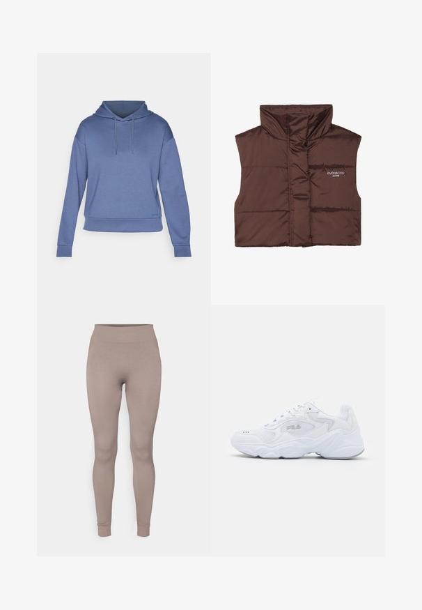 Colete acolchoado castanho sem mangas com colarinho alto, apresentando fecho de correr frontal e detalhe de logótipos cosido no lado esquerdo. Textura lisa e brilhante.; ONLY Play ONPLOUNGE LIFE HOOD - Sweatshirt com capuz - vintage indigo; Leggings canelados numa suave cor taupe, com um cós alto, corte slim e punhos ajustados. Feitos de um tecido texturado e elástico.; Sapatilha atlética branca com um cabedal de malha texturizada, colarinho acolchoado e sola volumosa. Apresenta um logotipo na lateral e fecho de atacadores.