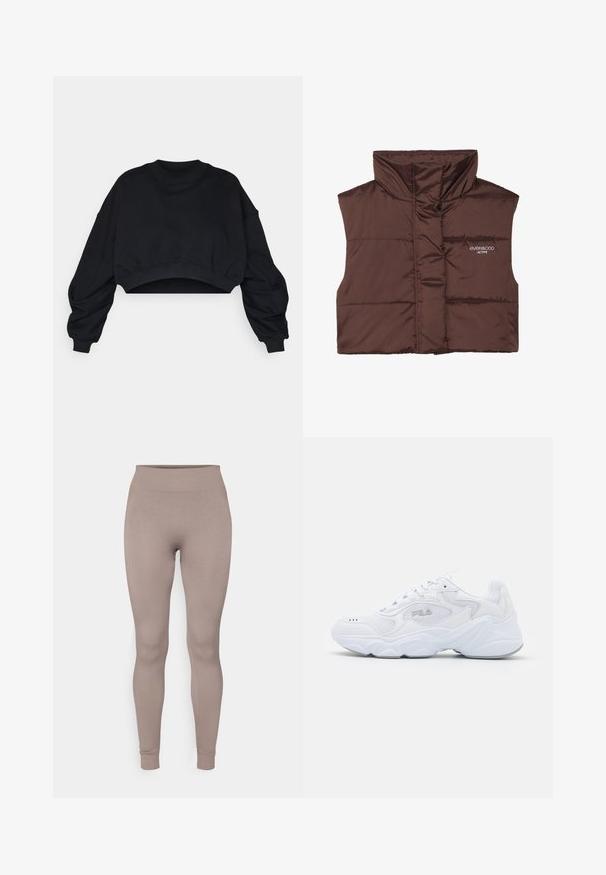Hnědá péřová bezrukávová vesta s vysokým límcem, s předním zipem a přišitým logem na levé straně. Hladký, lesklý povrch.; Černá zkrácená mikina s dlouhými, objemnými rukávy a kulatým výstřihem. Vyrobena z měkkého bavlněného materiálu, s řasenými manžetami a lemem.; Hladké legíny v jemné taupe barvě, s vysokým pasem, úzkým střihem a zúženými kotníky. Vyrobeno z texturované, pružné látky.; Bílé sportovní boty s texturovaným síťovaným svrškem, polstrovaným límcem a robustní podrážkou. Zahrnují logo na boku a šněrování.