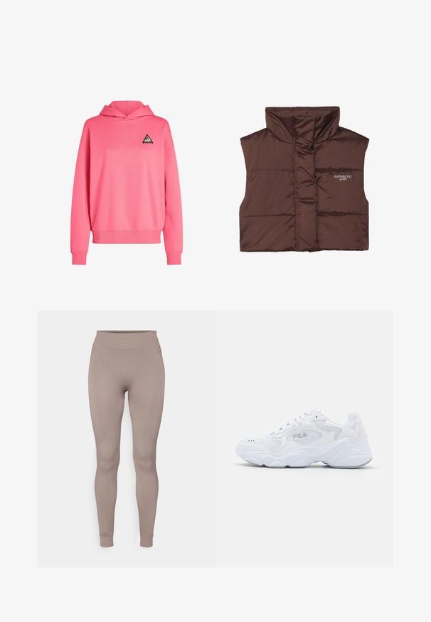 Hnedý prešívaný bezrukávový vest s vysokým golierom, s jedným zipsom vpredu a zošitým logom na ľavej strane. Hladká, lesklá textúra.; Ružová mikina s kapucňou vyrobená z mäkkého materiálu, s trojuholníkovou nášivkou na hrudi. Obsahuje rebrované manžety a lem.; Ribkované legíny v jemnej taupe farbe, s vysokým pásom, úzkym strihom a zúženými členkami. Vyrobené z textúrovaného, elastického materiálu.; Biele športové topánky s textúrovaným sieťovaným zvrškom, polstrovaným golierom a výraznou podrážkou. Obsahuje logo na boku a šnurovanie.