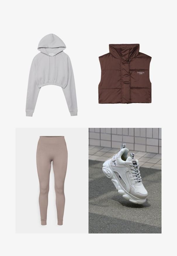 Brun polstret ermeløs vest med høy krage, med glidelås foran og sydd inn logo-detalle på venstre side. Glatt, blank tekstur.; Grå cropped hettegenser med snorhette, raglanermer og elastisk kant. Har "ACTIVE" tekst på venstre erme. Myk stofftekstur.; Ribbestrømper i en myk taupe-farge, med høy midje, slim fit og avsmalnede ankler. Laget av et strukturert, elastisk stoff.; Hvit sneaker laget av mesh og lær, rund tå, tykk såle, fremtredende lisser, og merkevare på hælen og tungen.