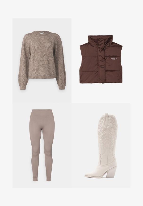 Vesta bej cu umplutură, fără mâneci și cu guler înalt, având un fermoar frontal și detalii logo cusute pe partea stângă. Textură netedă și lucioasă.; Pulover lejer cu mânecă lungă, de culoare bej-maro. Prezentă un model texturat, cu decolteu rotund și manșete și tiv ribborate.; Colanți cu textură în nuanță moale de taupe, cu un talie înaltă, tăiere slim și glezne tapered. Fabrică dintr-un material texturat și elastic.; Cizmă de cowboy din piele albă, cu bot ascuțit și toc blocat. Prezintă modele de cusături complicate pe catarg și o textură netedă.