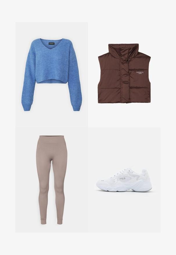 Colete acolchoado castanho sem mangas com colarinho alto, apresentando fecho de correr frontal e detalhe de logótipos cosido no lado esquerdo. Textura lisa e brilhante.; Sweater azul cropped com decote em V, textura canelada e mangas longas. Feito de material suave. Etiqueta: even&odd.; Leggings canelados numa suave cor taupe, com um cós alto, corte slim e punhos ajustados. Feitos de um tecido texturado e elástico.; Sapatilha atlética branca com um cabedal de malha texturizada, colarinho acolchoado e sola volumosa. Apresenta um logotipo na lateral e fecho de atacadores.